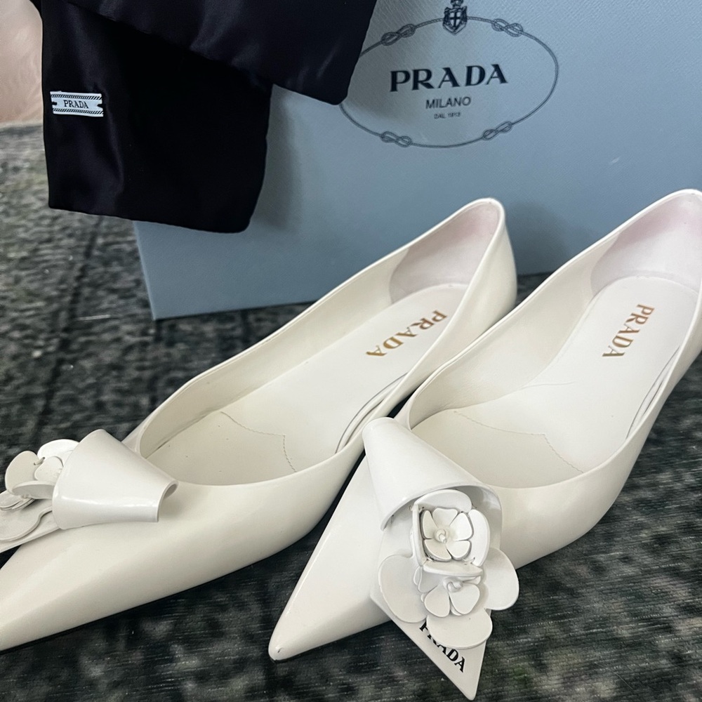 Prada | Shoes | Prada White Floral Flats Elegant Design Worn Once